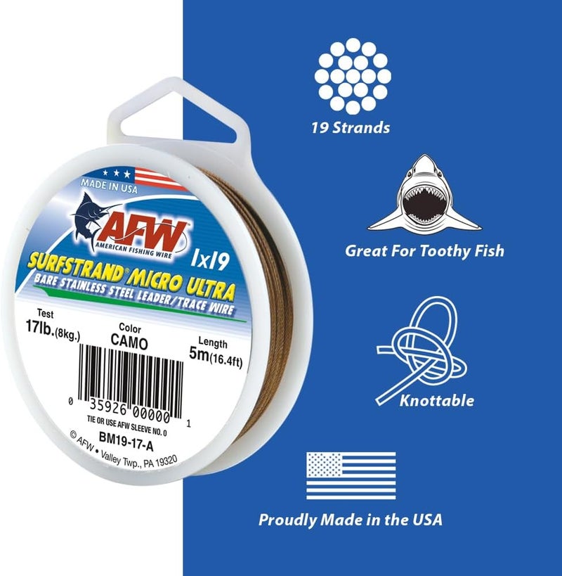 AFW American Fishing Wire Surfstrand Micro Ultra Bare 1x19 Stainless Steel Leader Wire - Fishing Leader Line for Saltwater, 6.6lb Test - 61lb Test, Camo Color, 5m Length - Image 5